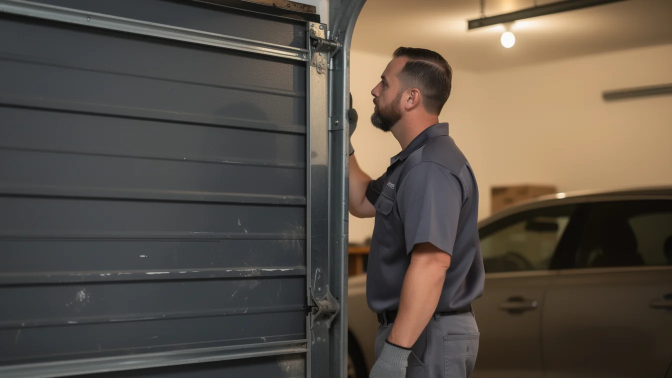 A technician in a gray shirt inspects the gray garage door track.