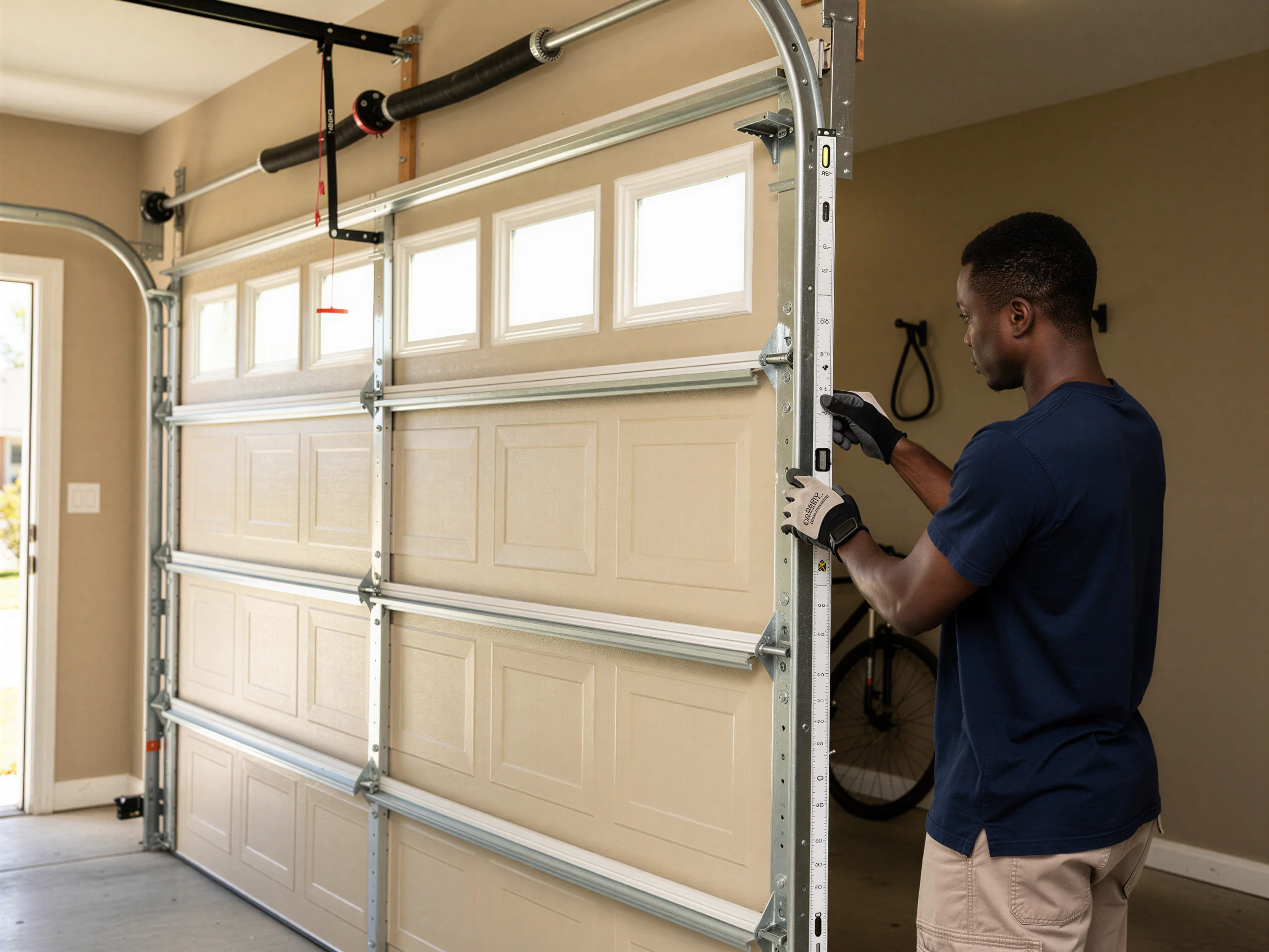 A technician uses a level on the track of a beige garage door.