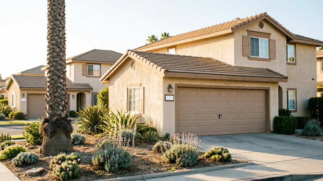 A beige house with a brown garage door and a palm tree in the foreground.