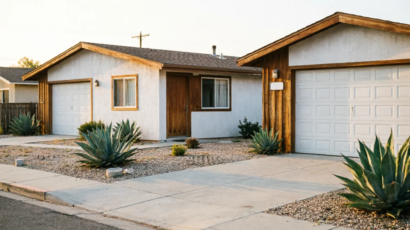 Two white houses with white garage doors and agave plants in front.